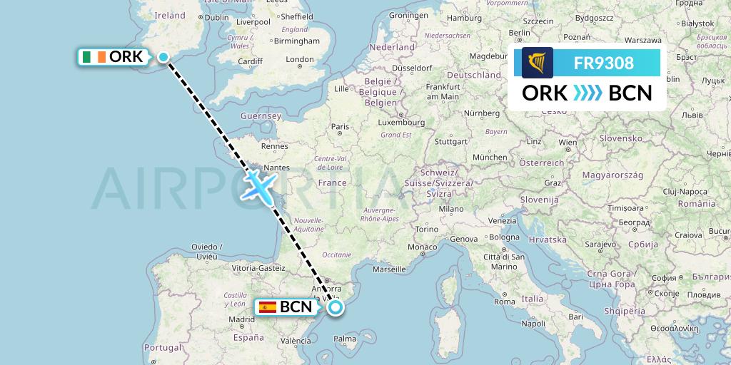 FR9308 Ryanair Flight Map: Cork to Barcelona