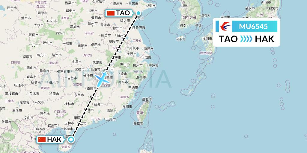 MU6545 China Eastern Airlines Flight Map: Qingdao to Haikou