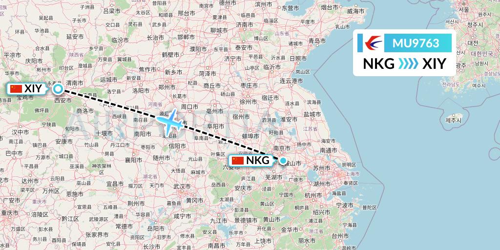 MU9763 China Eastern Airlines Flight Map: Nanjing to Xi'an