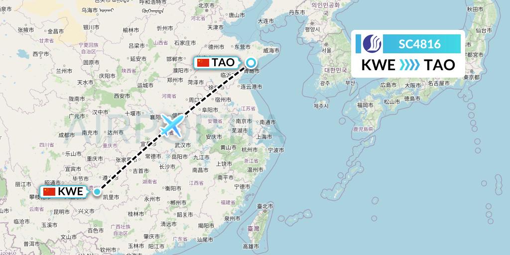 SC4816 Shandong Airlines Flight Map: Guiyang to Qingdao