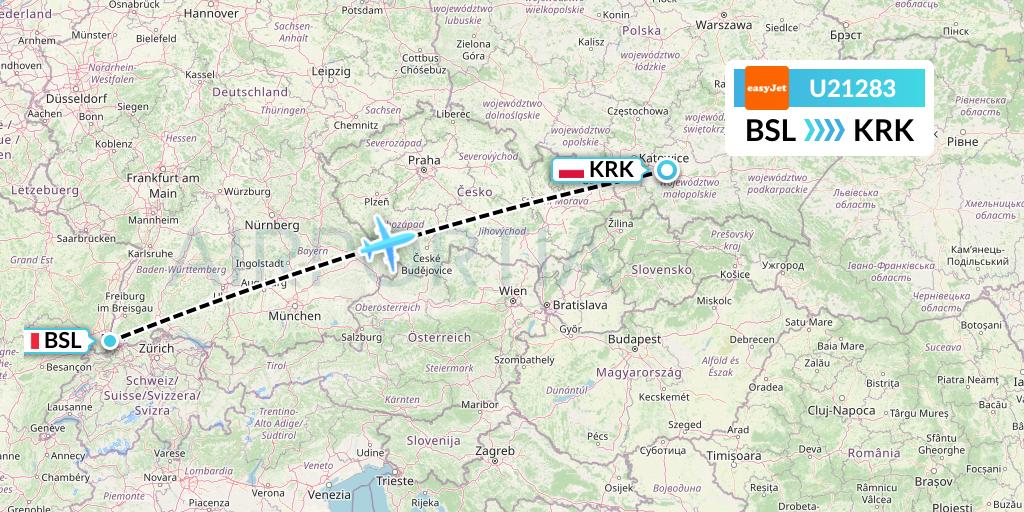 U21283 EasyJet Flight Map: Basel to Krakow