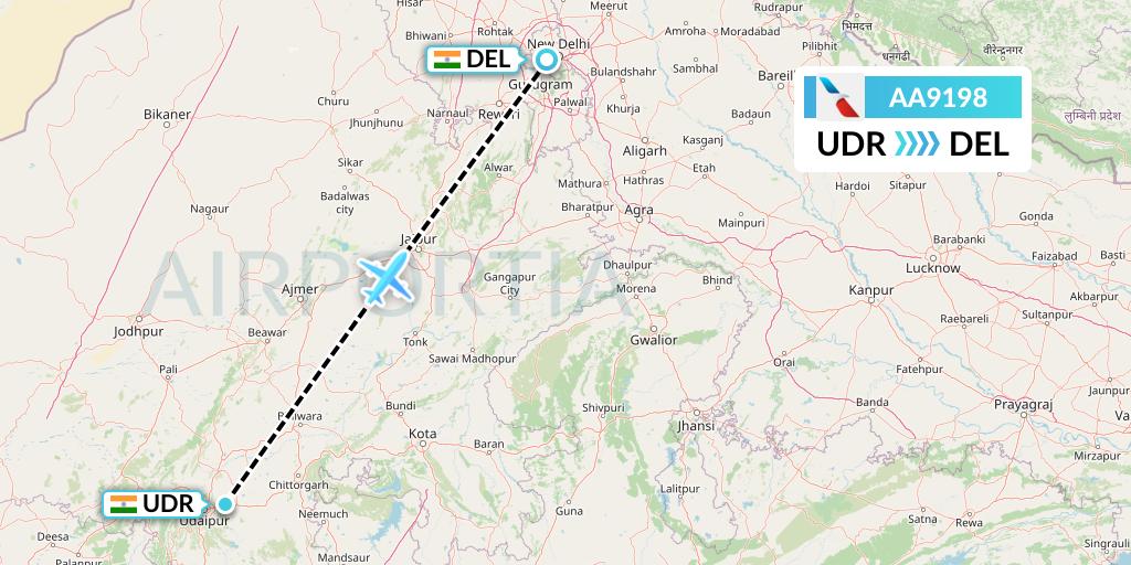 AA9198 American Airlines Flight Map: Udaipur to Delhi