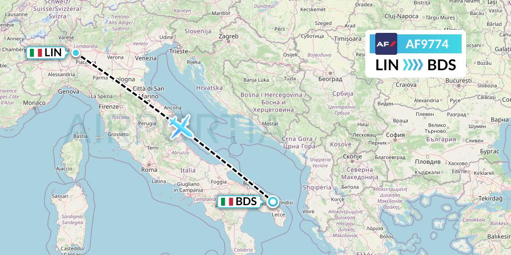 AF9774 Air France Flight Map: Milan to Brindisi