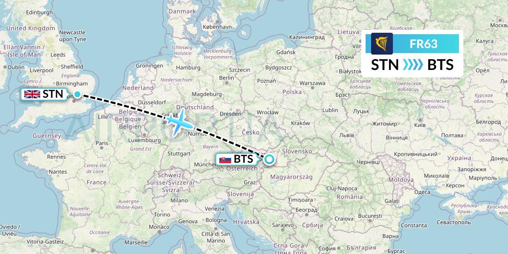 FR63 Ryanair Flight Map: London to Bratislava