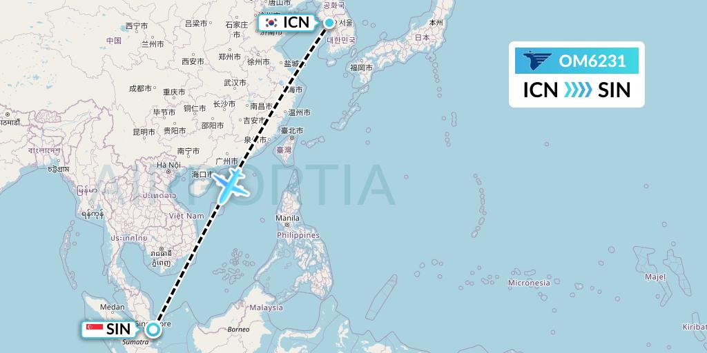 OM6231 MIAT Mongolian Airlines Flight Map: Seoul to Singapore