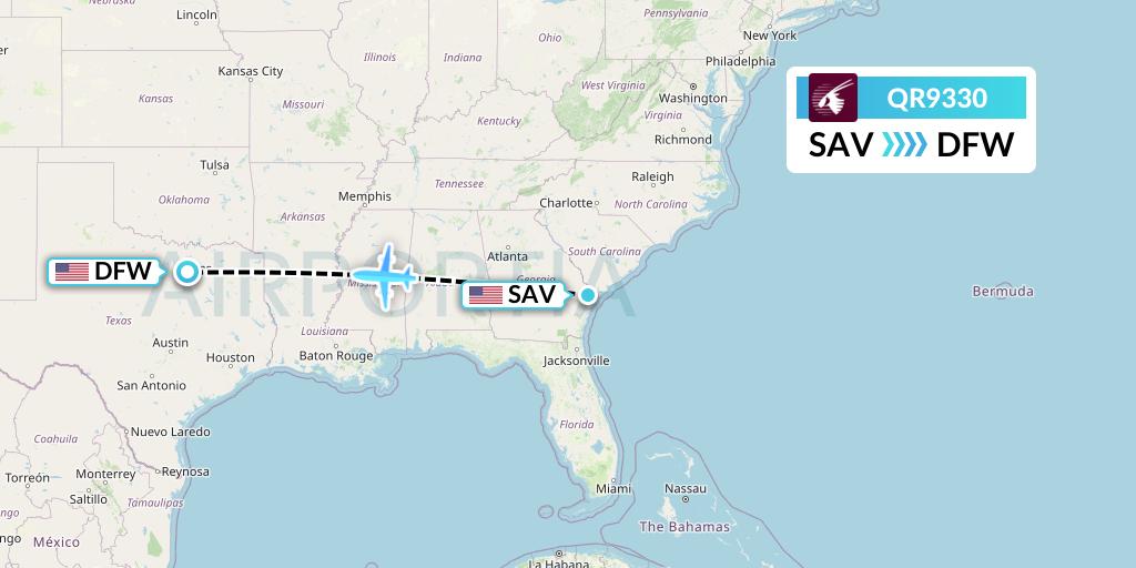 QR9330 Qatar Airways Flight Map: Savannah to Dallas