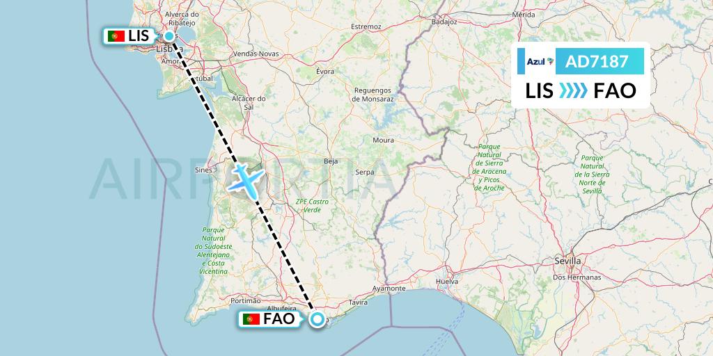AD7187 Azul Brazilian Airlines Flight Map: Lisbon to Faro