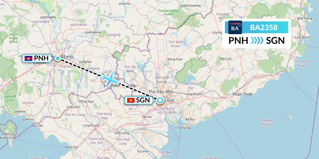 BA2358 British Airways Flight Map: Phnom Penh to Ho Chi Minh City