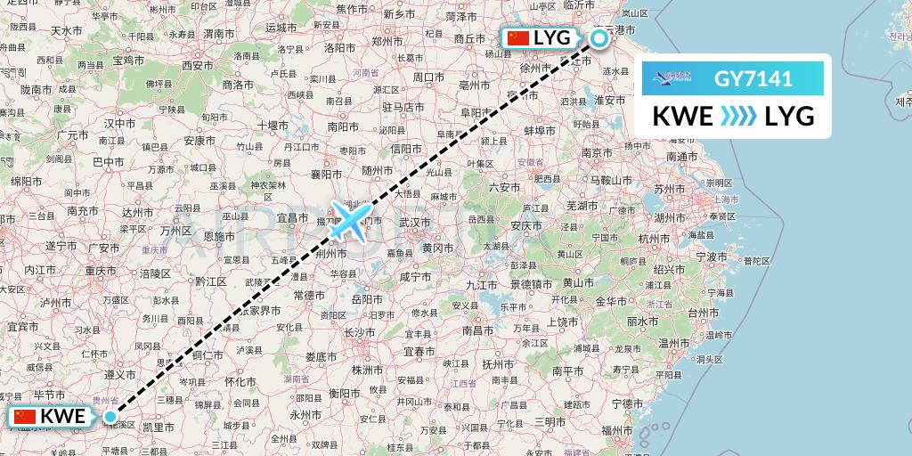 GY7141 Colorful GuiZhou Airlines Flight Map: Guiyang to Lianyungang
