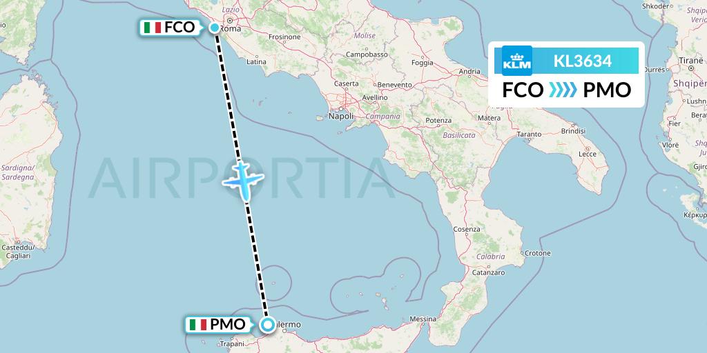 KL3634 KLM Flight Map: Rome to Palermo