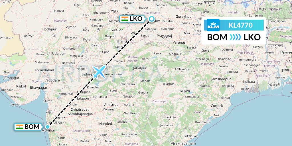 KL4770 KLM Flight Map: Mumbai to Lucknow