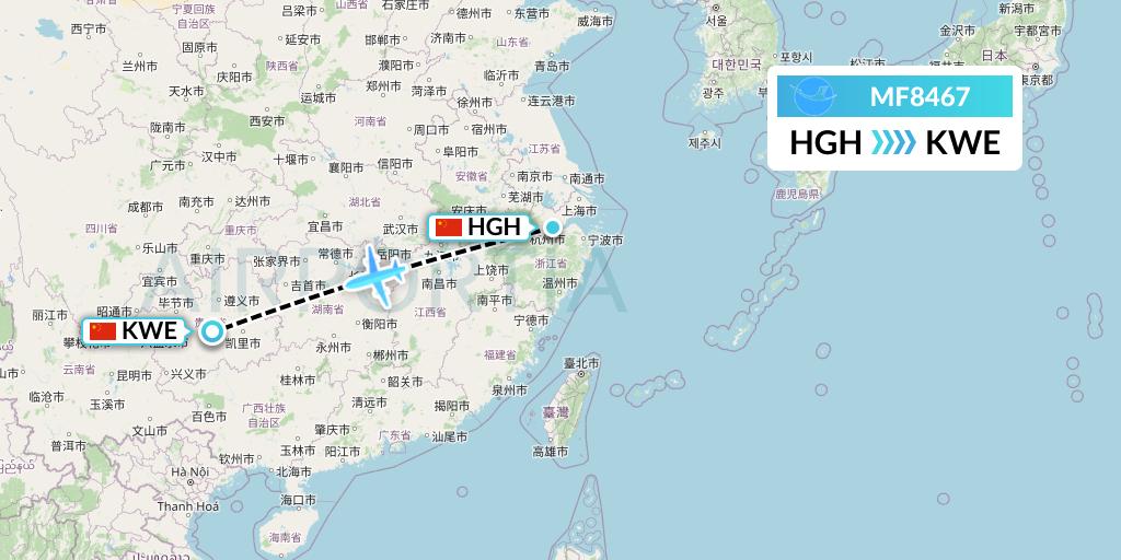 MF8467 Xiamen Airlines Flight Map: Hangzhou to Guiyang