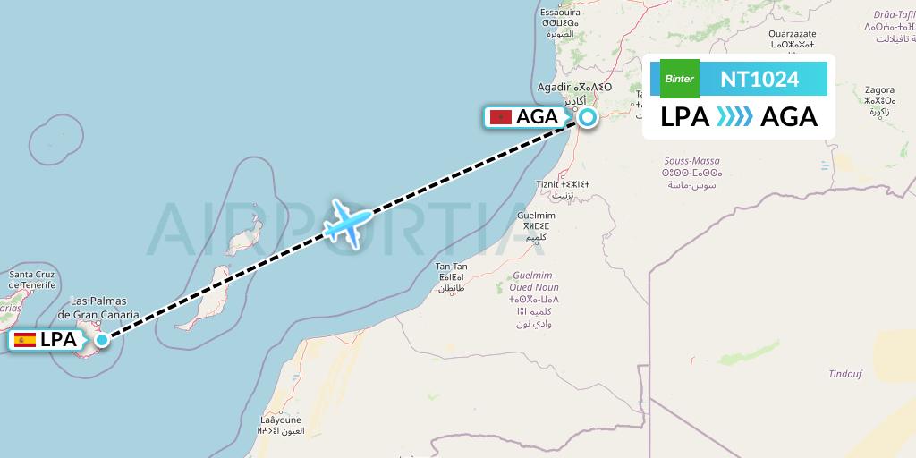 NT1024 Binter Canarias Flight Map: Las Palmas to Agadir