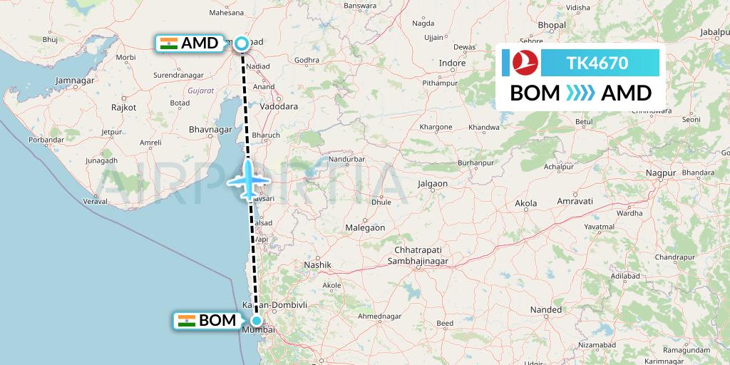 TK4670 Turkish Airlines Flight Map: Mumbai to Ahmedabad