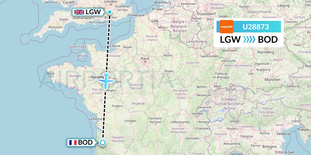 U28873 EasyJet Flight Map: London to Bordeaux
