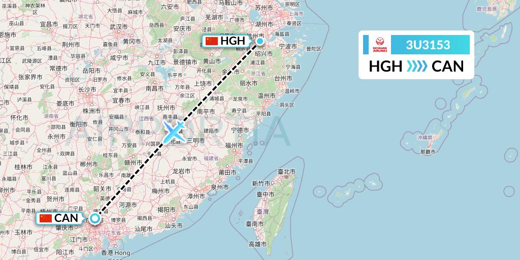 3U3153 Sichuan Airlines Flight Map: Hangzhou to Guangzhou