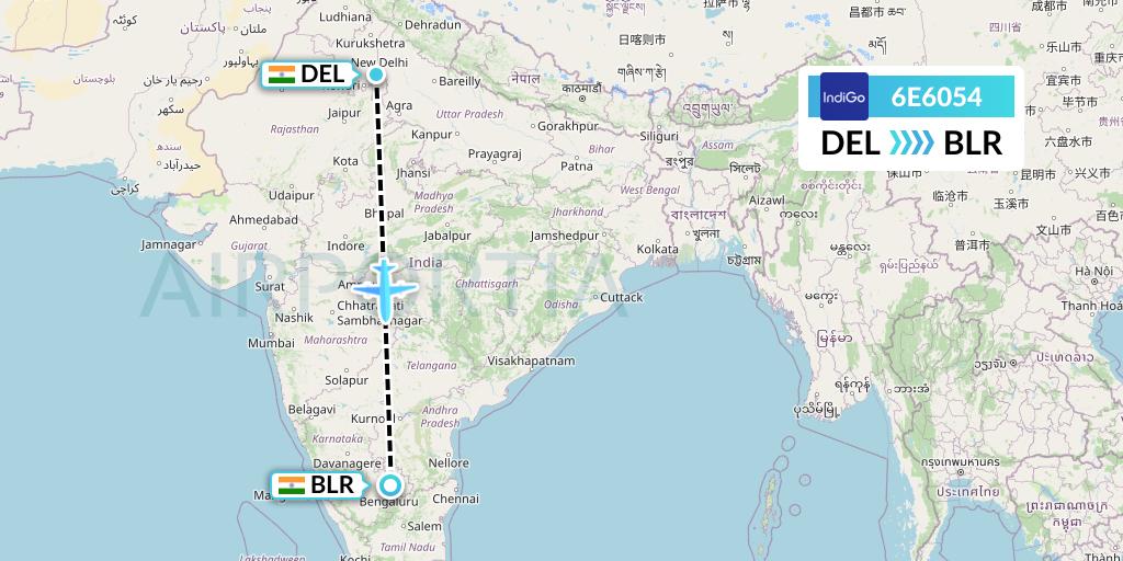 6E6054 IndiGo Airlines Flight Map: Delhi to Bangalore