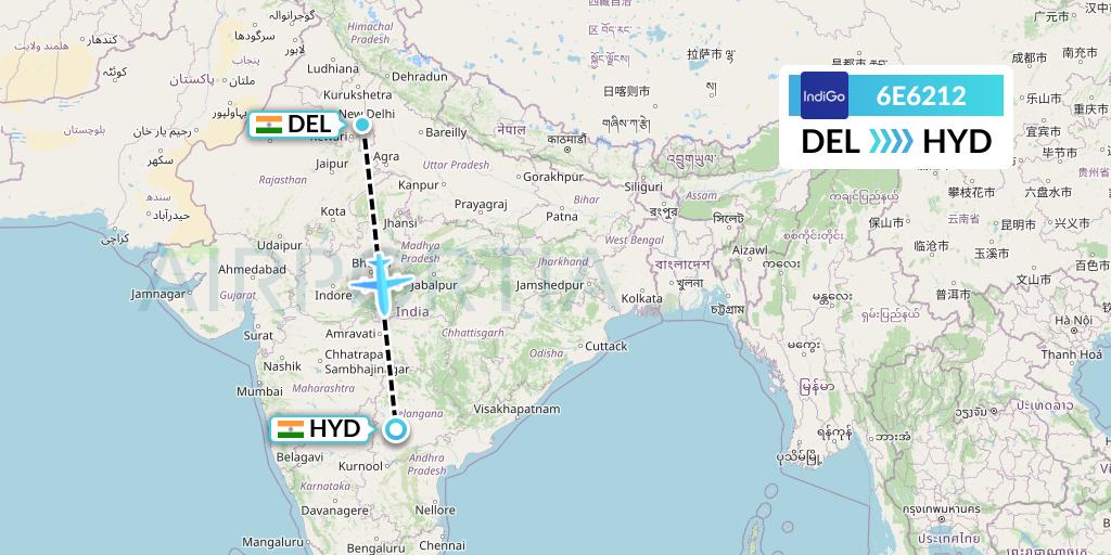 6E6212 IndiGo Airlines Flight Map: Delhi to Hyderabad