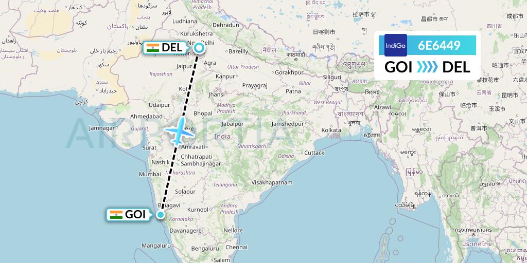 6E6449 IndiGo Airlines Flight Map: Goa to Delhi