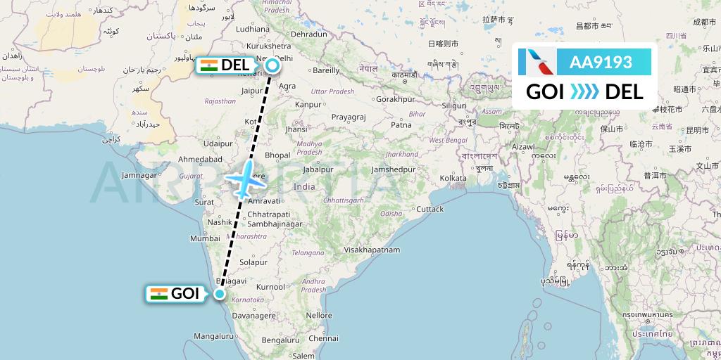 AA9193 American Airlines Flight Map: Goa to Delhi