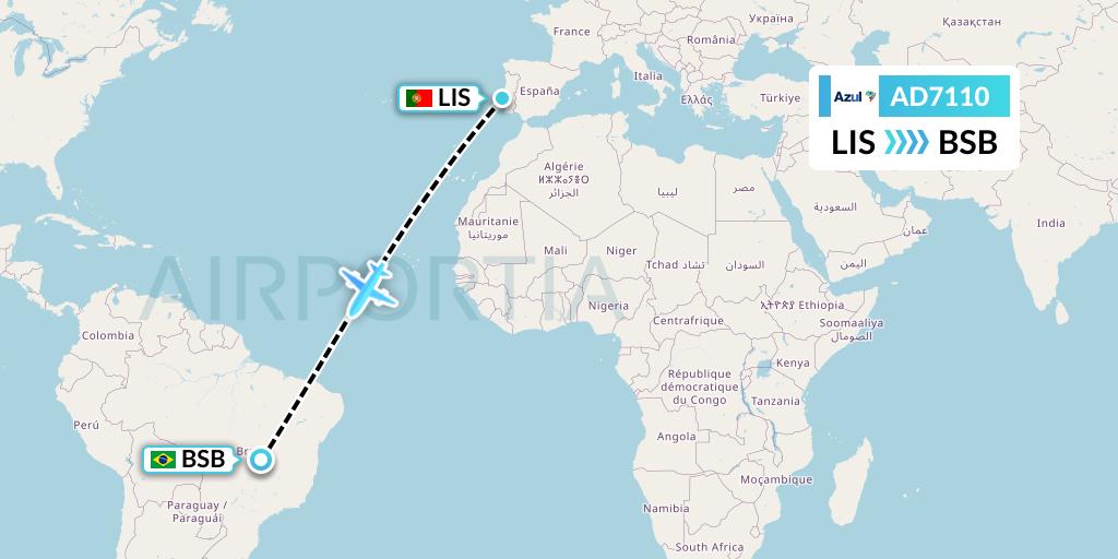 AD7110 Azul Brazilian Airlines Flight Map: Lisbon to Brasilia
