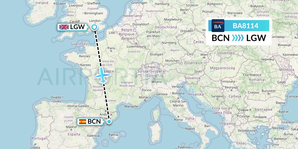 BA8114 British Airways Flight Map: Barcelona to London