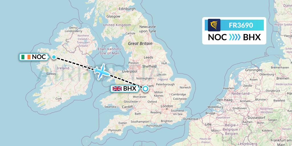 FR3690 Ryanair Flight Map: Knock to Birmingham
