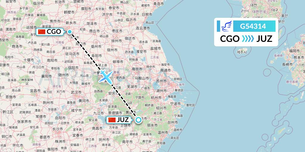 G54314 China Express Airlines Flight Map: Zhengzhou to Quzhou