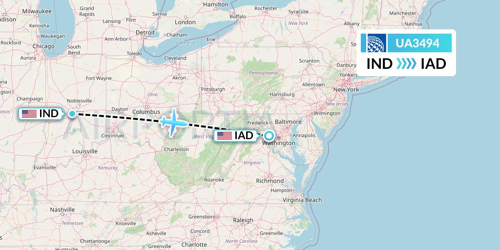 UA3494 United Airlines Flight Map: Indianapolis to Washington