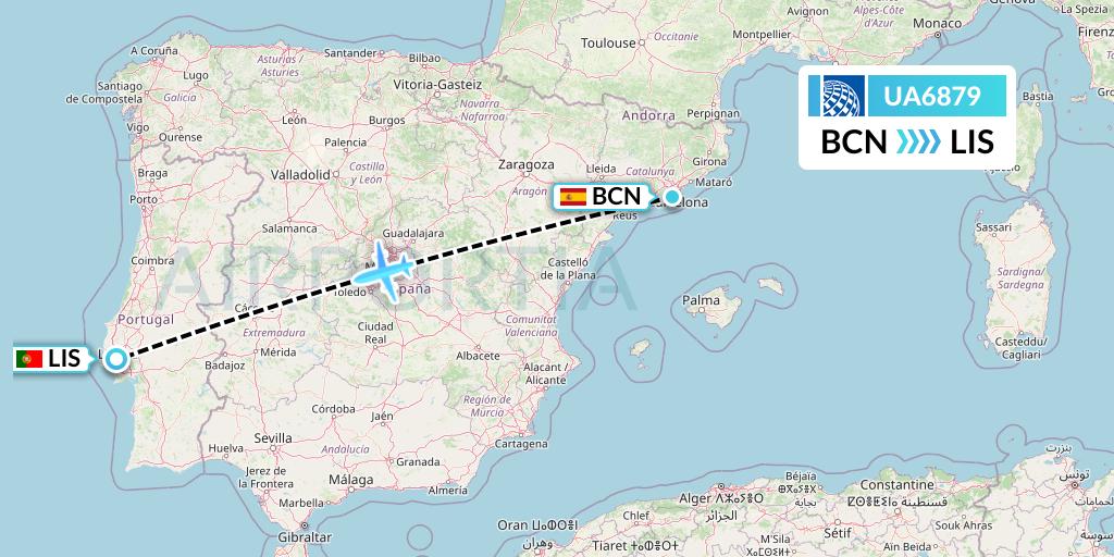 UA6879 United Airlines Flight Map: Barcelona to Lisbon