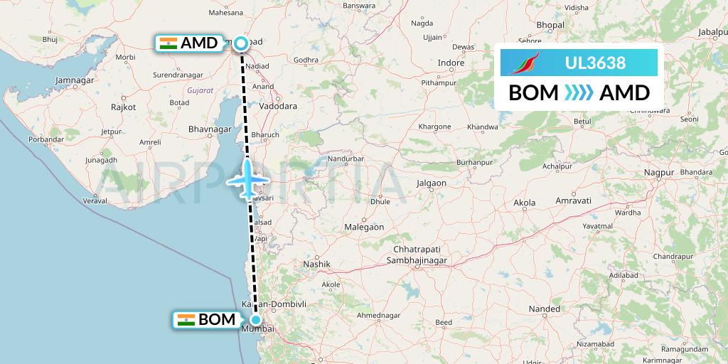 UL3638 SriLankan Airlines Flight Map: Mumbai to Ahmedabad