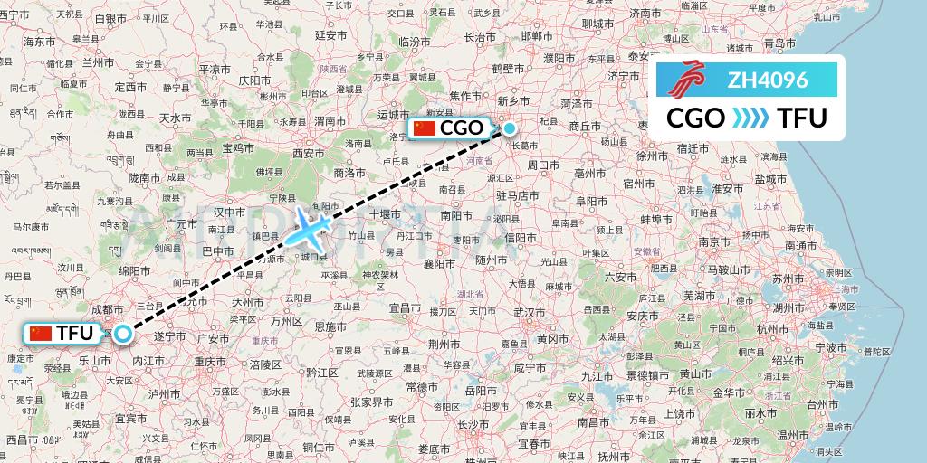 ZH4096 Shenzhen Airlines Flight Map: Zhengzhou to Chengdu
