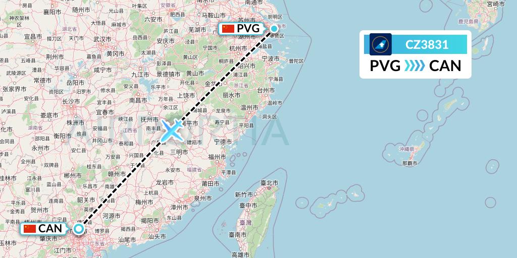 CZ3831 China Southern Airlines Flight Map: Shanghai to Guangzhou