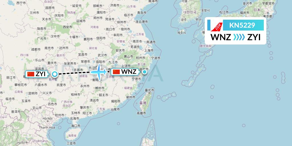 KN5229 China United Airlines Flight Map: Wenzhou to Zunyi