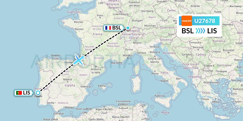 U27678 EasyJet Flight Map: Basel to Lisbon
