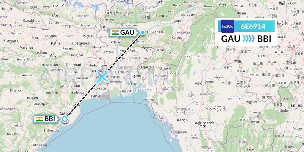 6E6914 IndiGo Airlines Flight Map: Guwahati to Bhubaneswar