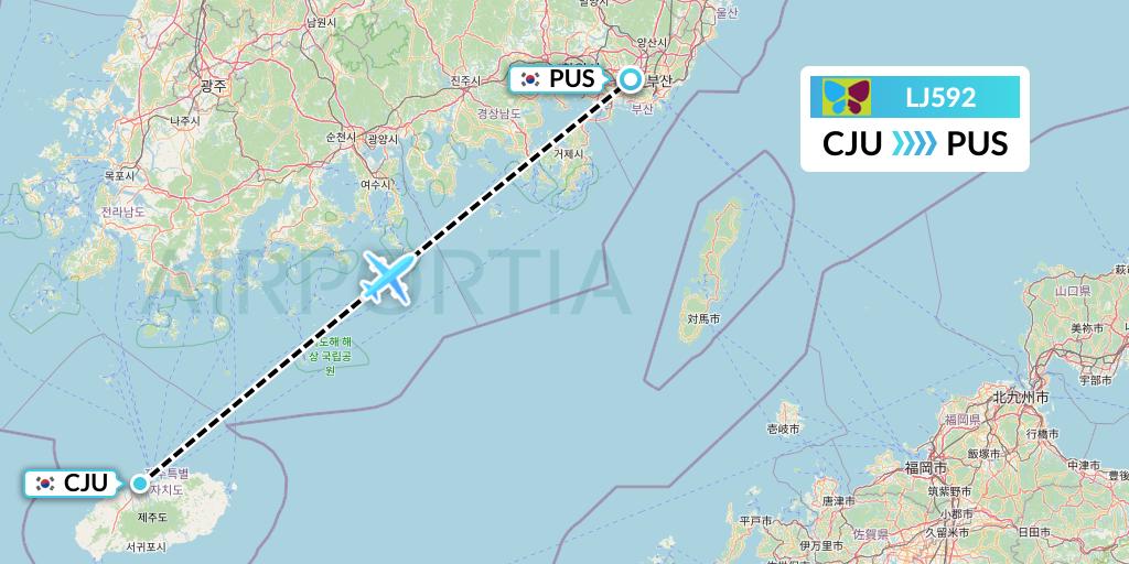 LJ592 Jin Air Flight Map: Jeju to Busan