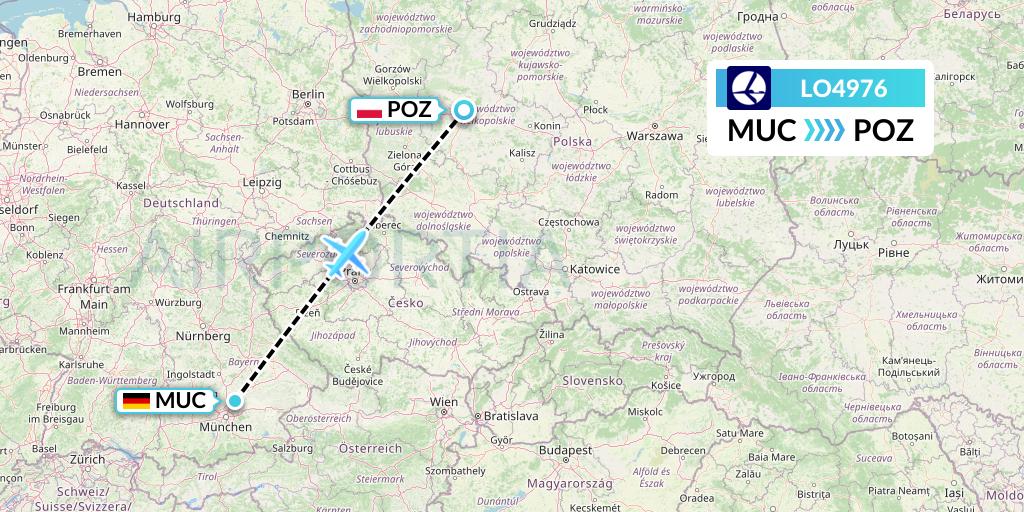 LO4976 LOT Flight Map: Munich to Poznan