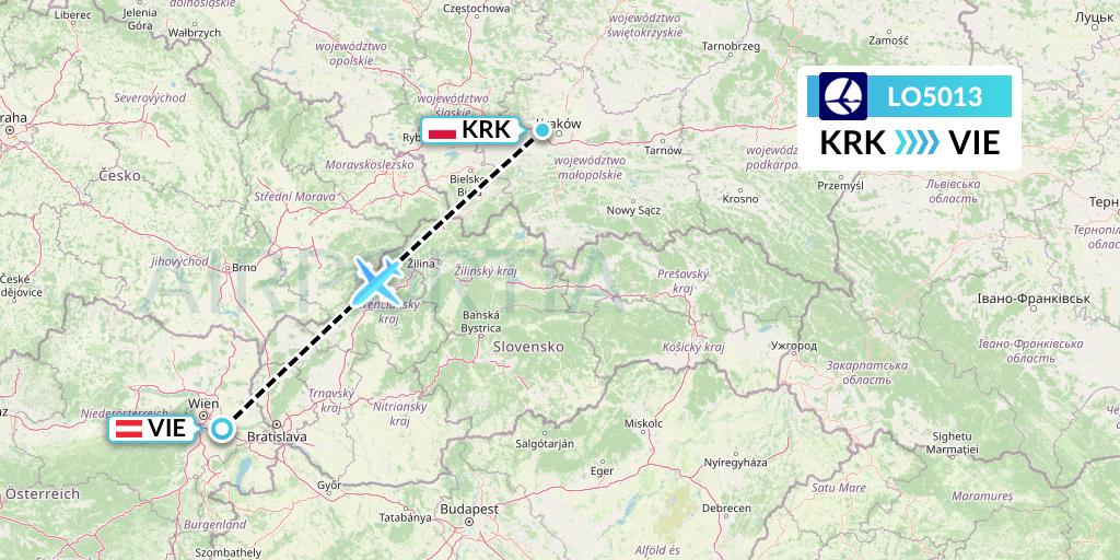 LO5013 LOT Flight Map: Krakow to Vienna
