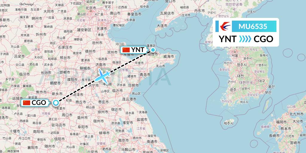 MU6535 China Eastern Airlines Flight Map: Yantai to Zhengzhou