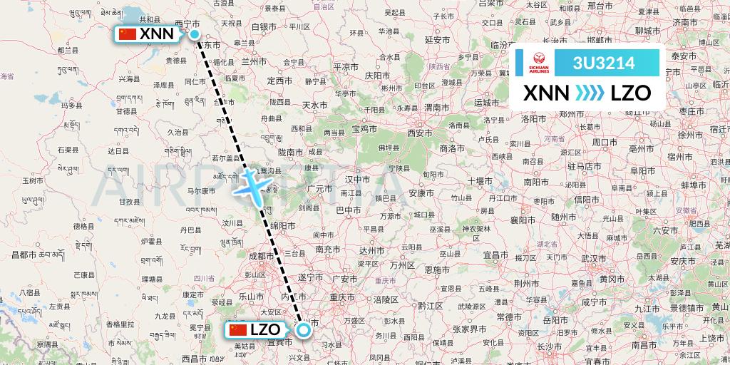 3U3214 Sichuan Airlines Flight Map: Xining to Luzhou