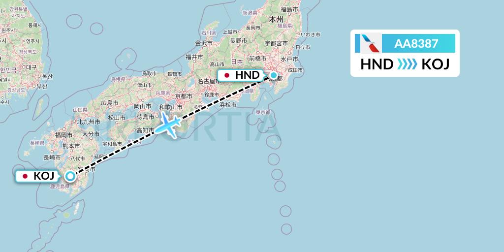 AA8387 American Airlines Flight Map: Tokyo to Kagoshima