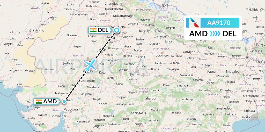 AA9170 American Airlines Flight Map: Ahmedabad to Delhi