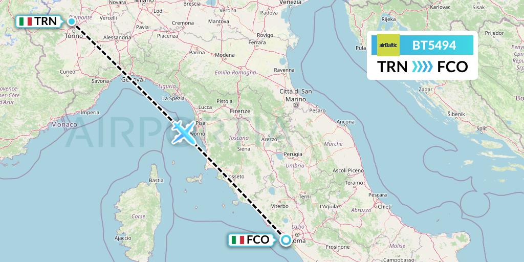 BT5494 Air Baltic Flight Map: Turin to Rome