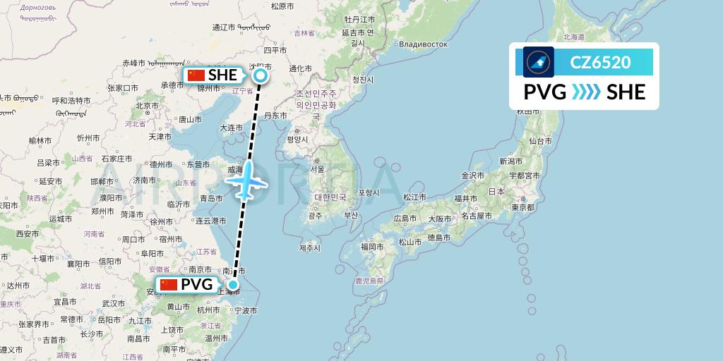 CZ6520 China Southern Airlines Flight Map: Shanghai to Shenyang