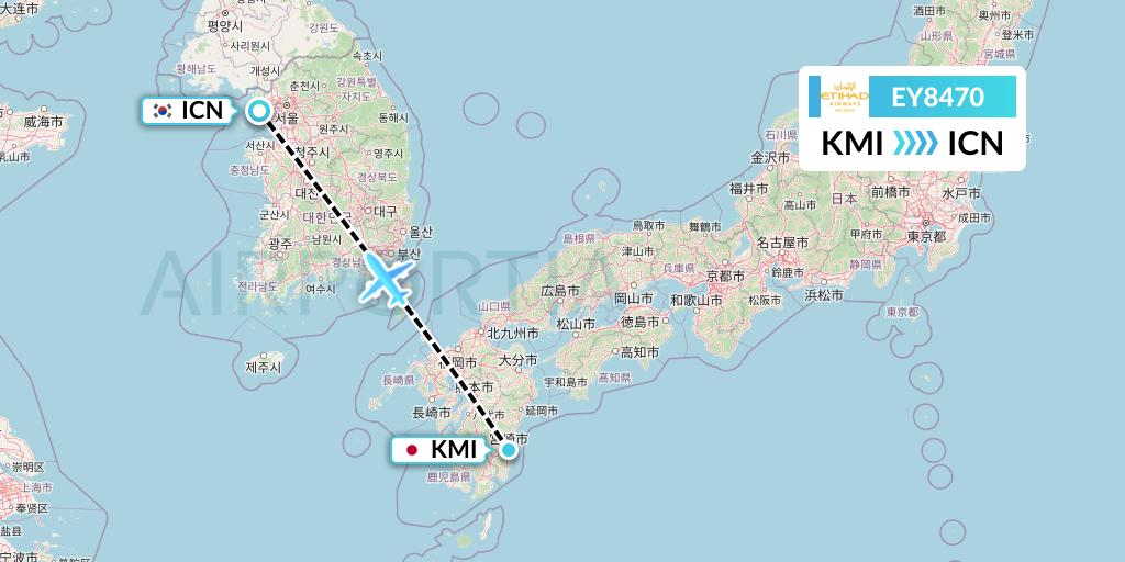 EY8470 Etihad Airways Flight Map: Miyazaki to Seoul