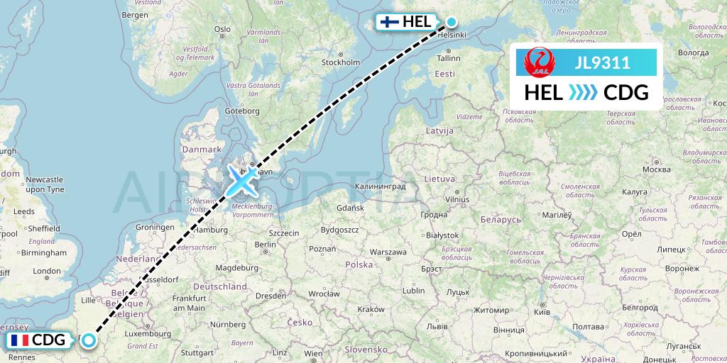 JL9311 Japan Airlines Flight Map: Helsinki to Paris