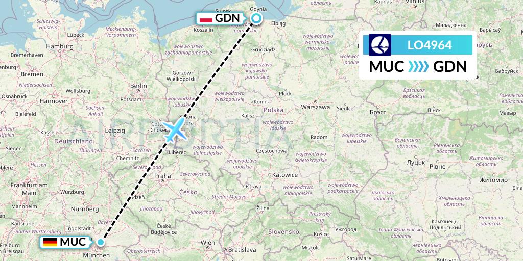 LO4964 LOT Flight Map: Munich to Gdansk