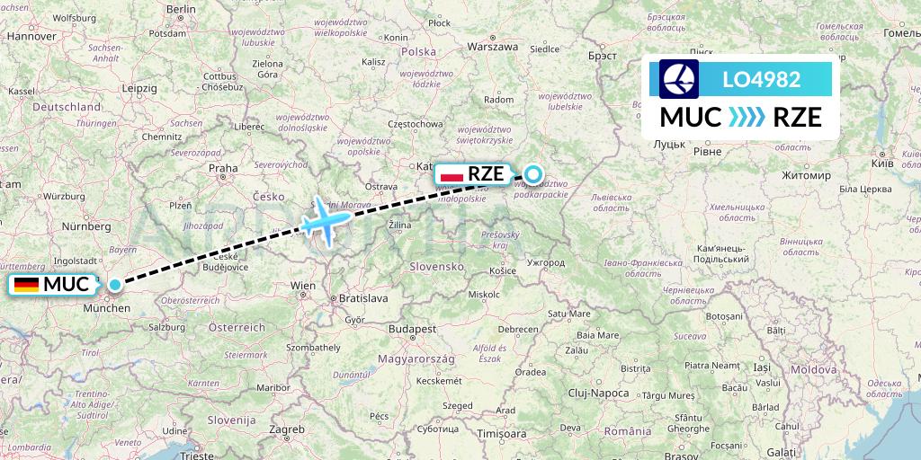 LO4982 LOT Flight Map: Munich to Rzeszow