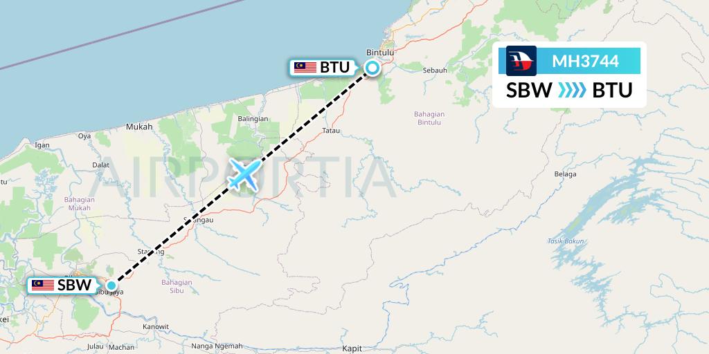 MH3744 Malaysia Airlines Flight Map: Sibu to Bintulu